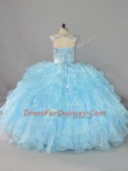 Sweet Ball Gowns Sweet 16 Dress Blue Scalloped Organza Sleeveless Floor Length Lace Up