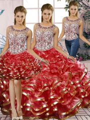 Fantastic Beading and Ruffles Quinceanera Gown Red Lace Up Sleeveless Floor Length