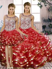 Fantastic Beading and Ruffles Quinceanera Gown Red Lace Up Sleeveless Floor Length