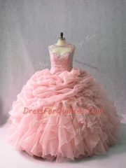Sweet Pink Quinceanera Dress Organza Brush Train Sleeveless Beading and Ruffles and Pick Ups