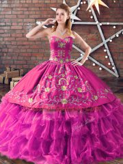 Fuchsia Ball Gowns Satin and Organza Sweetheart Sleeveless Embroidery Floor Length Lace Up Quinceanera Dresses