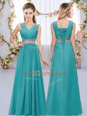 Smart Teal V-neck Neckline Beading and Belt Dama Dress Sleeveless Lace Up