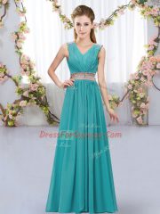Smart Teal V-neck Neckline Beading and Belt Dama Dress Sleeveless Lace Up