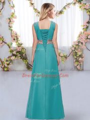 Smart Teal V-neck Neckline Beading and Belt Dama Dress Sleeveless Lace Up