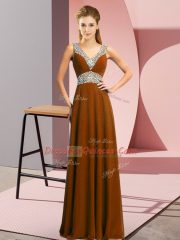 Floor Length Brown Prom Gown Chiffon Sleeveless Beading