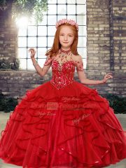 Perfect Floor Length Red Girls Pageant Dresses High-neck Sleeveless Lace Up