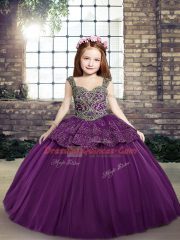 Sleeveless Floor Length Beading and Appliques Lace Up Little Girls Pageant Gowns with Eggplant Purple