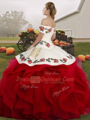 Olive Green Off The Shoulder Lace Up Embroidery and Ruffles Sweet 16 Quinceanera Dress Sleeveless
