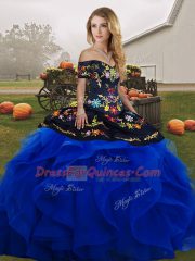 Floor Length Lace Up Ball Gown Prom Dress Blue And Black for Military Ball and Sweet 16 and Quinceanera with Embroidery and Ruffles