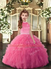 Gorgeous Tulle High-neck Sleeveless Backless Beading and Ruffles Little Girls Pageant Gowns in Rose Pink