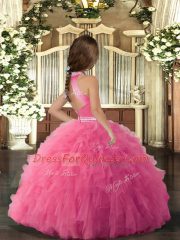 Gorgeous Tulle High-neck Sleeveless Backless Beading and Ruffles Little Girls Pageant Gowns in Rose Pink