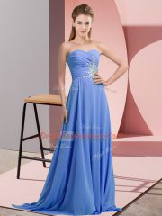 Graceful Floor Length Blue Evening Dress Chiffon Sleeveless Beading and Ruching