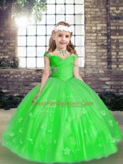 Green Straps Neckline Beading and Hand Made Flower Pageant Dress for Womens Sleeveless Lace Up