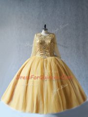 High End Gold Ball Gowns Tulle Scoop Sleeveless Beading Floor Length Lace Up Sweet 16 Dress