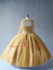 High End Gold Ball Gowns Tulle Scoop Sleeveless Beading Floor Length Lace Up Sweet 16 Dress