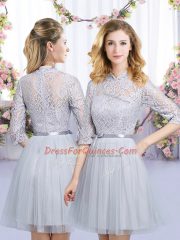 Grey High-neck Neckline Lace and Belt Quinceanera Dama Dress Half Sleeves Zipper