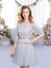 Grey High-neck Neckline Lace and Belt Quinceanera Dama Dress Half Sleeves Zipper
