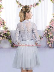 Grey High-neck Neckline Lace and Belt Quinceanera Dama Dress Half Sleeves Zipper