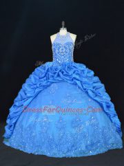 Captivating Floor Length Blue Vestidos de Quinceanera Halter Top Sleeveless Lace Up