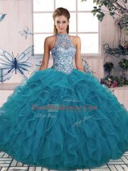 Decent Beading and Ruffles Vestidos de Quinceanera Teal Lace Up Sleeveless Floor Length