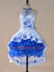 Royal Blue Satin and Organza Lace Up Halter Top Sleeveless High Low Homecoming Dress Embroidery and Ruffles