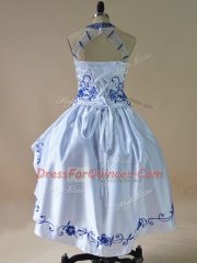 Royal Blue Satin and Organza Lace Up Halter Top Sleeveless High Low Homecoming Dress Embroidery and Ruffles