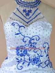 Royal Blue Satin and Organza Lace Up Halter Top Sleeveless High Low Homecoming Dress Embroidery and Ruffles