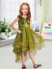 Superior Sleeveless High Low Sequins and Bowknot Zipper Flower Girl Dresses with Olive Green