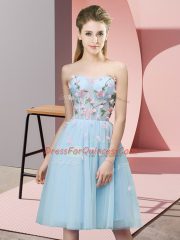 Delicate Light Blue Empire Tulle Sweetheart Sleeveless Appliques Knee Length Lace Up Damas Dress