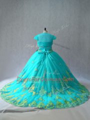 Pretty Aqua Blue Sweetheart Lace Up Appliques Quinceanera Gown Sleeveless