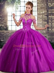 Sleeveless Brush Train Beading Lace Up 15 Quinceanera Dress