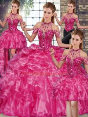 Edgy Fuchsia Halter Top Neckline Beading and Ruffles Vestidos de Quinceanera Sleeveless Lace Up