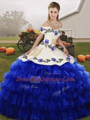 Fitting Royal Blue Ball Gowns Off The Shoulder Sleeveless Organza Floor Length Lace Up Embroidery and Ruffled Layers Ball Gown Prom Dress