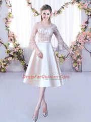 Low Price Champagne A-line Satin Scoop 3 4 Length Sleeve Lace and Belt Tea Length Lace Up Vestidos de Damas