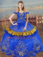 Blue Off The Shoulder Neckline Embroidery 15th Birthday Dress Sleeveless Lace Up