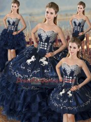 Navy Blue Satin and Organza Lace Up Sweetheart Sleeveless Floor Length Quinceanera Gowns Embroidery and Ruffles