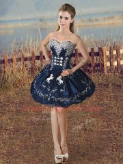 Navy Blue Satin and Organza Lace Up Sweetheart Sleeveless Floor Length Quinceanera Gowns Embroidery and Ruffles