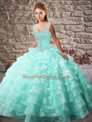 Elegant Court Train Ball Gowns Sweet 16 Quinceanera Dress Aqua Blue Straps Organza Sleeveless Lace Up