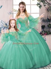 Beading and Ruching Vestidos de Quinceanera Green Lace Up Long Sleeves Floor Length