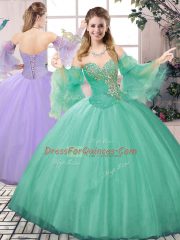 Beading and Ruching Vestidos de Quinceanera Green Lace Up Long Sleeves Floor Length