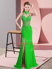 Sleeveless Floor Length Lace and Appliques Backless Prom Evening Gown with Green