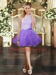 Superior Lavender High-neck Neckline Ruffles Sweet 16 Dress Sleeveless Backless