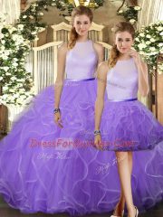 Superior Lavender High-neck Neckline Ruffles Sweet 16 Dress Sleeveless Backless