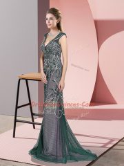 Custom Fit Peacock Green Prom Dress V-neck Sleeveless Sweep Train Zipper