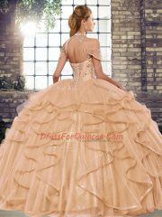Colorful Halter Top Sleeveless Tulle Quinceanera Gowns Beading and Ruffles Lace Up