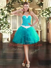 Most Popular Aqua Blue Ball Gowns Appliques and Ruffles Prom Dresses Lace Up Tulle Sleeveless Mini Length