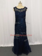 Column/Sheath Navy Blue Scoop Tulle Sleeveless Floor Length Zipper