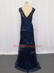 Column/Sheath Navy Blue Scoop Tulle Sleeveless Floor Length Zipper