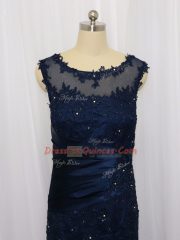 Column/Sheath Navy Blue Scoop Tulle Sleeveless Floor Length Zipper