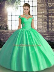 Sleeveless Floor Length Beading Lace Up Sweet 16 Quinceanera Dress with Turquoise